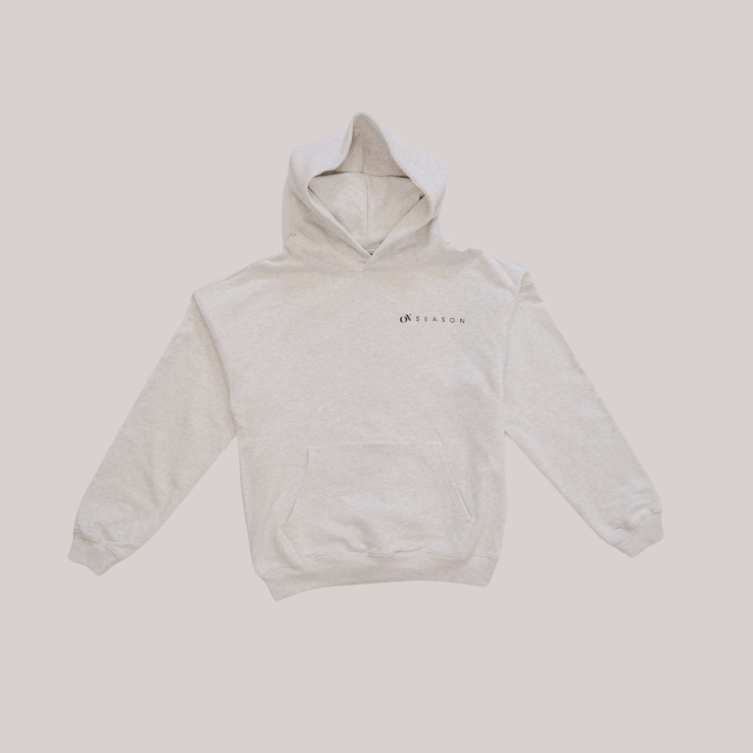 Ox Season Training Squad hoodie in light gray, featuring bold lettering and a minimalist design for athletes and fitness enthusiasts.