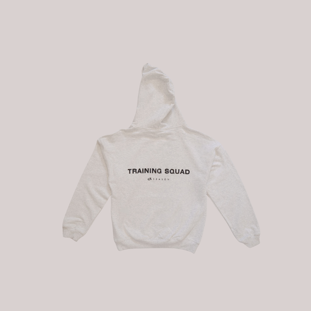 Ox Season Training Squad hoodie in light gray, featuring bold lettering and a minimalist design for athletes and fitness enthusiasts.