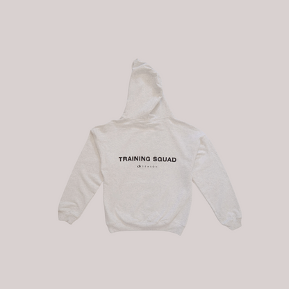 Ox Season Training Squad hoodie in light gray, featuring bold lettering and a minimalist design for athletes and fitness enthusiasts.