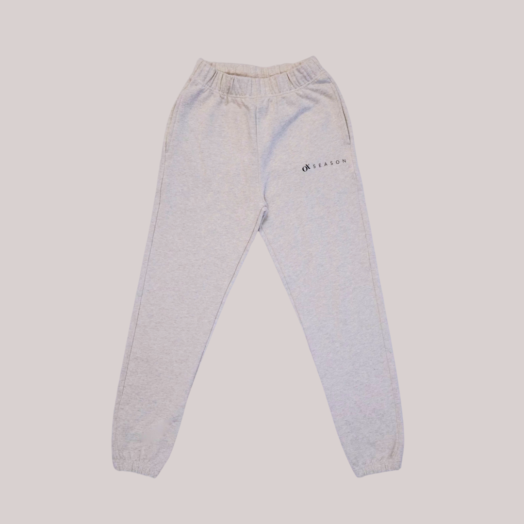 Ox Season Light Gray Sweatpants – Athletic joggers with a minimalist 'Ox Season' logo on the upper left thigh. Comfortable and stylish fitness wear for training and casual wear